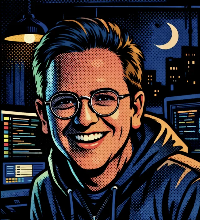 Illustrated portrait of Rene Persau, smiling, in glasses and a hoodie, in front of monitors at night